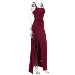 Detailed side view of wine red midi dress featuring elegant ruching and high side slit