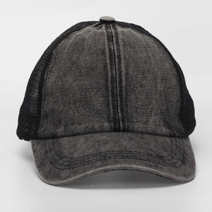 Vintage washed denim ponytail baseball cap with breathable mesh back and solid black color
