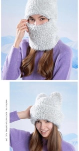 Detailed view of grey winter knit hood with plush bear ears and integrated neck warmer