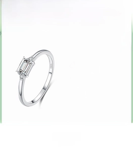 Detail card showing a S925 sterling silver ring with rectangular zirconia and 1.3g weight