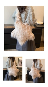 Detailed views of a plush beige faux fur shoulder bag worn by a model in soft lighting