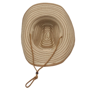 Detail of striped woven straw hat featuring adjustable chin strap and interior structure