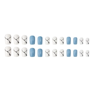 24-piece short square-oval press-on nails in navy blue and white marble ink design