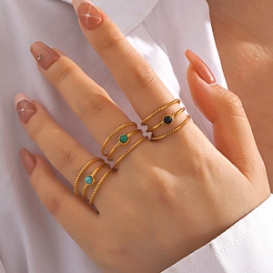 Fashionable 18K gold plated stainless steel rings set with malachite and turquoise stones