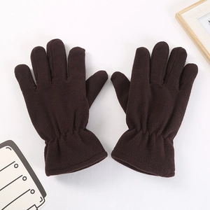 Detail view of brown polar fleece gloves featuring windproof material and thermal lining