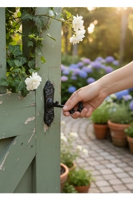 Détail d'un loquet de porte en fonte noire vintage avec motif en relief et clé assortie