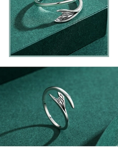 Detail view showing polished silver fish tail ring texture on dark green background
