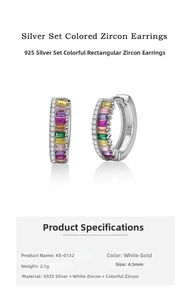 Macro view of S925 silver hoop earrings with multicolored zircon and platinum plating