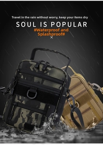 Waterproof tactical utility bags in camouflage and sand colors with water splash effect
