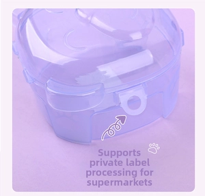 Detailed view of a purple semi-transparent plastic retail packaging box with hanging hole