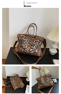 Macro view of leopard print tote bag with metal rivet studs and brown leather tassels