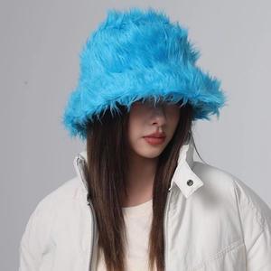 Winter fluffy faux fur bucket hat in bright blue, warm plush fisherman cap for women