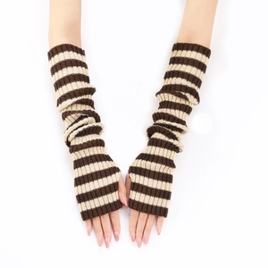 Detail showing brown and beige striped knit arm warmers with exposed fingers design