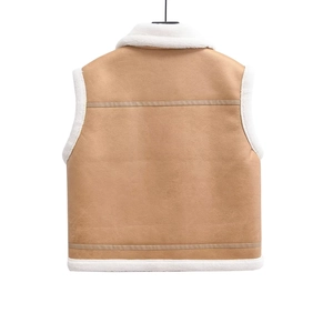 Back view of a faux shearling vest in brown featuring white fleece lining and soft texture