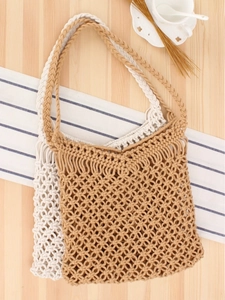 Handmade woven hollow mesh shoulder bags with fringe tassels in beige and white