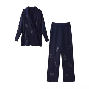 Damen Satin Blazer Und Weite Hose Mit Pailletten Blumenstickerei Eleganter Party Luxusanzug Langarm V-Ausschnitt