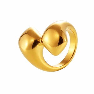 Irregular geometric 18K gold plated stainless steel open ring with fluid mirror finish