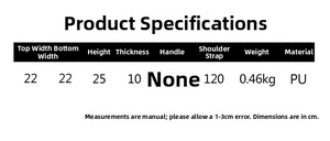 Detailed size chart for clear PVC backpack with PU material specifications and dimensions