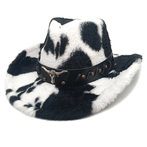 Cow Print Western Cowboy Hat Faux Fur Plush Winter Warm Vintage Fedora With Leather Band Metal Bull Head Ornament