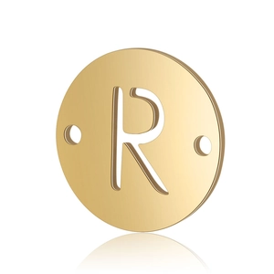 Macro detail of gold-plated stainless steel round pendant with cutout letter R and dual holes