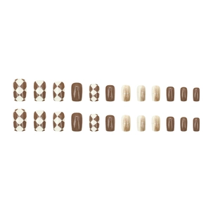 Short square caramel checkered press-on nails set with 24 pieces in glossy marble finish