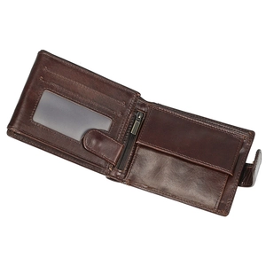 Internal view of brown leather tri-fold wallet showing card slots and zipper pocket
