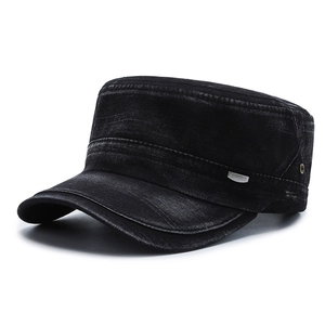 Men's black washed denim flat top military cap with silver sport metal logo detail