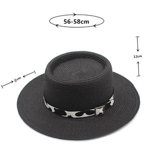 Detail showing 56-58cm head circumference and black band on flat top straw hat