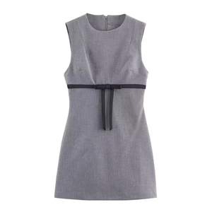 Sleeveless Gray Mini Dress With Black Bow Decor Polyester Slim Fit Elegant Party Wear For Women Round Neck Back Zipper