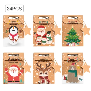 Set of 24 Christmas kraft paper gift bags with handles and various festive designs