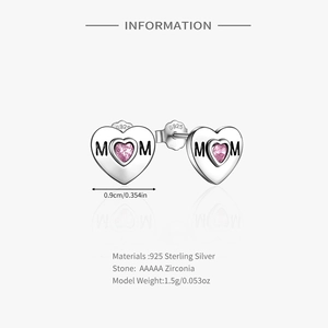 Detail of S925 sterling silver heart earrings with pink zirconia and MOM engraving