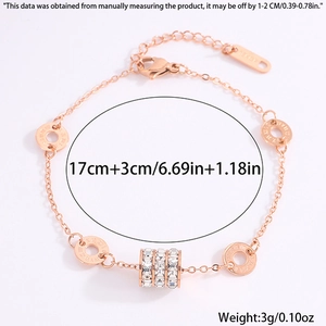 Detailed view of rose gold steel bracelet with Roman numeral rings and dimensions
