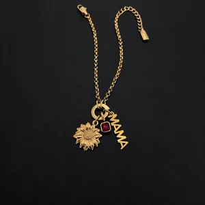 Bracelet à Charme Pendentif MAMA Tournesol en Acier Inoxydable pour Femmes Or Strass Cadeau Fête des Mères Bijoux