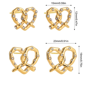 18K gold plated stainless steel heart stud earrings with size guide and pavé diamonds