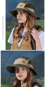 Detail of waterproof outdoor sun hat with mountain embroidery and adjustable chin strap