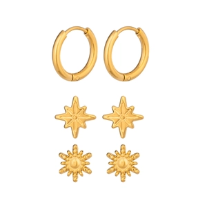 Minimalist gold stainless steel star and sun stud earring set for women on white background