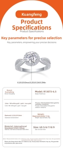 Detail specifications of 925 silver moissanite ring with halo setting and size parameters