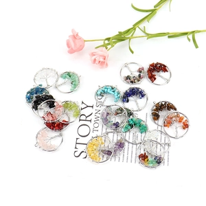 Handmade silver wire tree of life pendants with colorful natural crystal stone chips