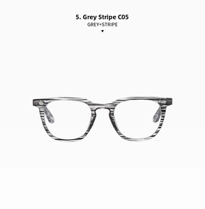 Detailed front view of grey striped square eyeglass frames with silver rivets