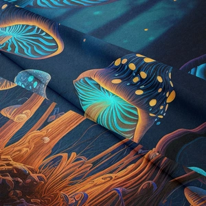 Close-up of soft velvet tapestry fabric showing vibrant glowing mushroom patterns