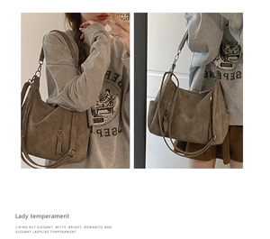 Brown suede tote bag with metal zipper detail shown in a stylish split-view layout