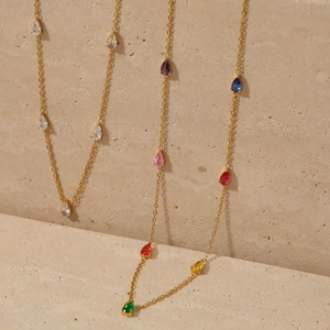 Elegant gold station necklace featuring colorful pear-cut zircon waterdrop pendants