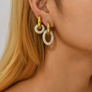 18K gold plated double hoop earrings with pave white rhinestones for women