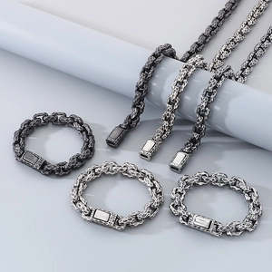 Vintage hammered texture titanium steel bracelet and square link necklace set for men