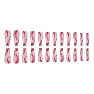 Pink wavy press-on nails in long ballerina shape with glitter accents and 24 pieces