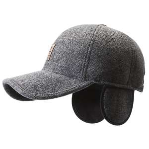 Men's winter baseball cap with ear flaps and gray herringbone pattern wool fabric