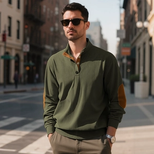 Men's olive green corduroy sweatshirt with button collar and elbow patches