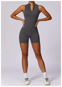 Close-up of dark grey high-stretch yoga bodysuit with front zipper and stand-up collar
