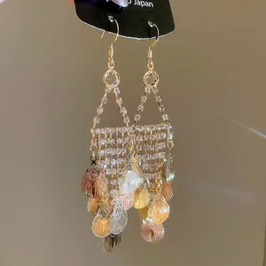 Elegant Leaf Tassel Drop Earrings Rhinestone Retro Style Gold Plated Copper For Women With 925 Sterling Silver Earring Post