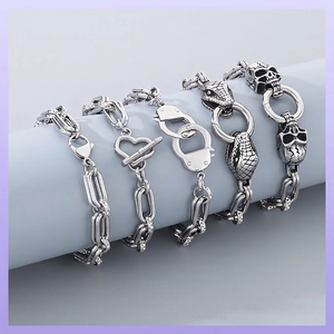 Men Stainless Steel Bracelet Punk Skull Snake Handcuff OT Clasp Retro Silver Heavy Link Chain Hip Hop Jewelry